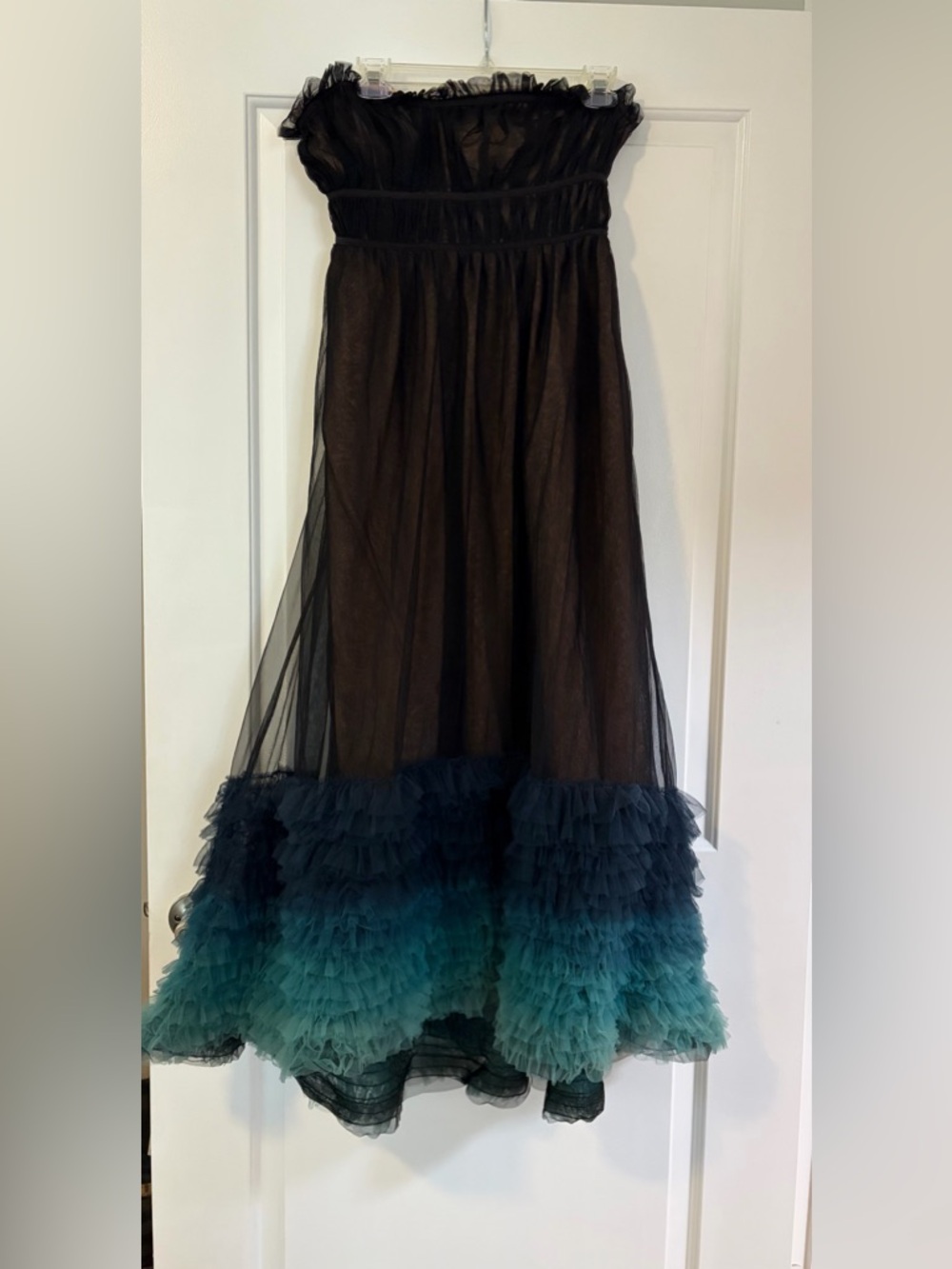 Anthropologie Black Maxi Tulle Skirt with Teal Ombre Ruffle Hem